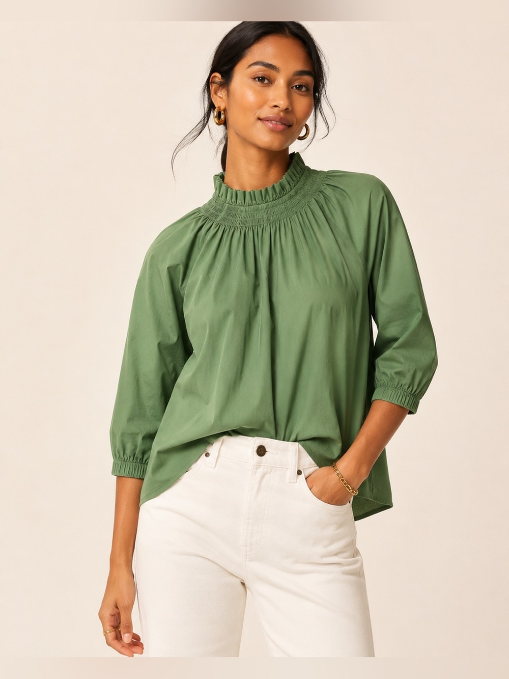 J Crew Green Smocked Neck 3/4 Sleeve Blouse Cotton Poplin Peasant Prairie XS